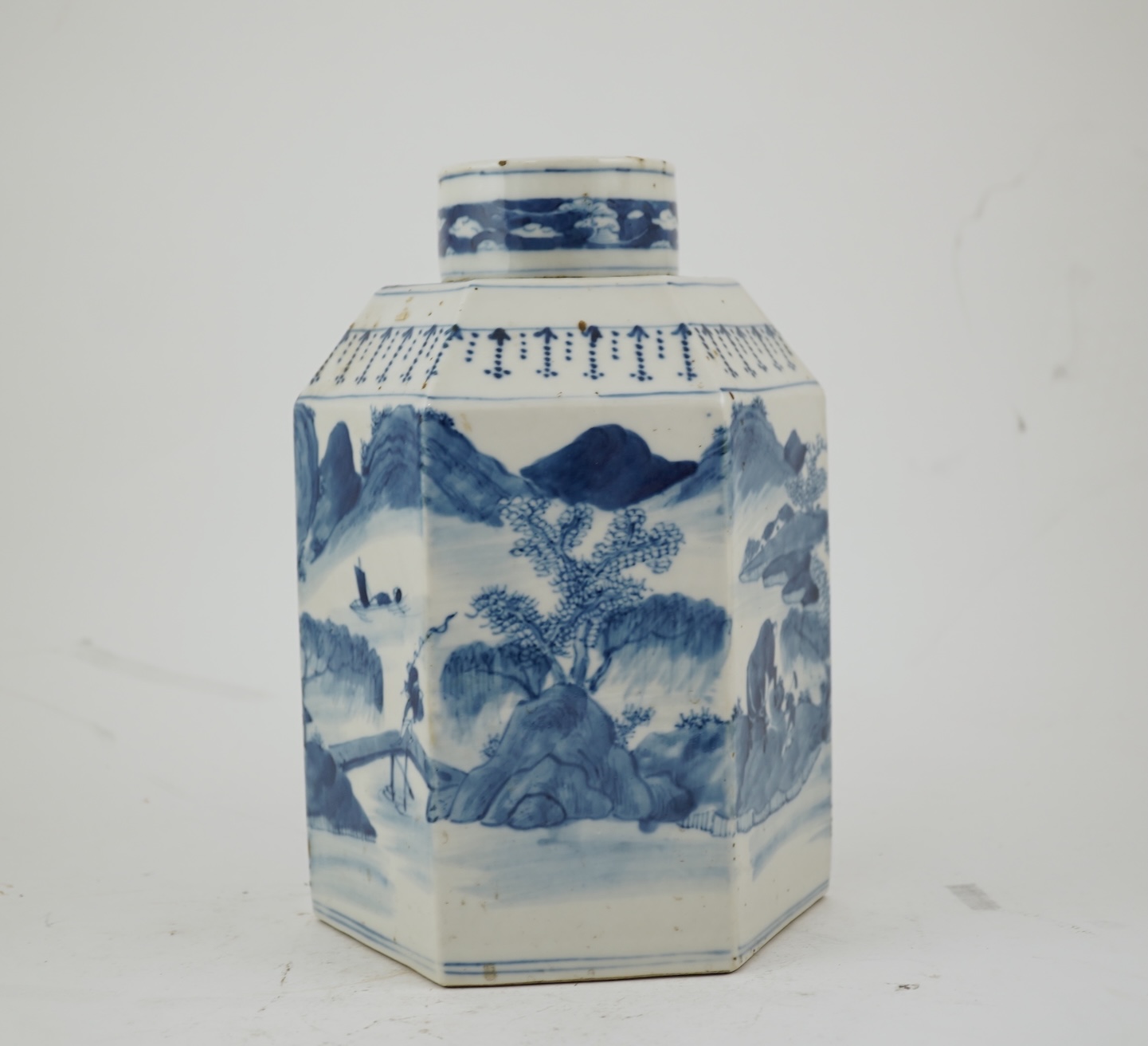 A Chinese blue and white ‘landscape’ hexagonal jar and cover, late 19th century
